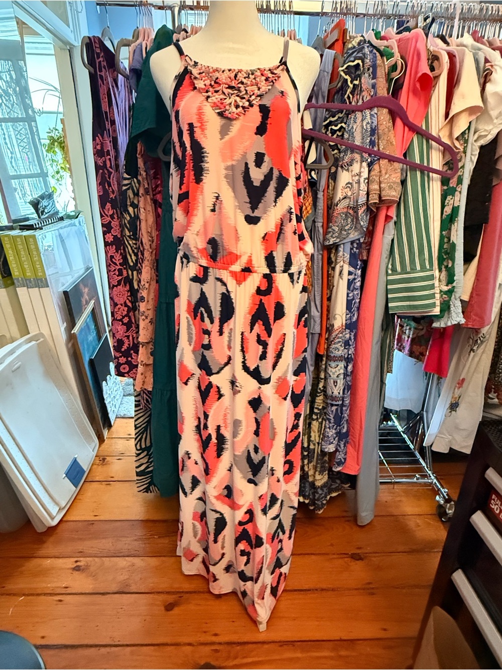 Banana Republic Coral, Navy & Cream Patterned Maxi Dress